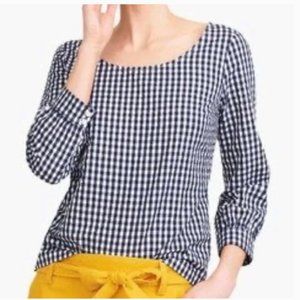 J. Crew Factory Seersucker Gingham Peasant Top in Navy Blue